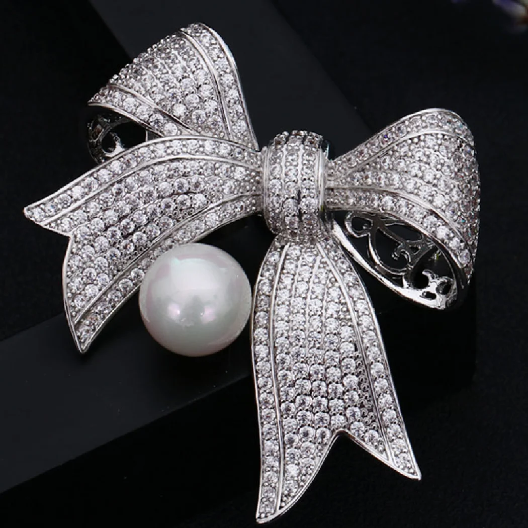 Classic copper bowknot cubic zircon scarf pins jewelry Big and Small size Luxury brand women bridal pin brooch pendant jewelry