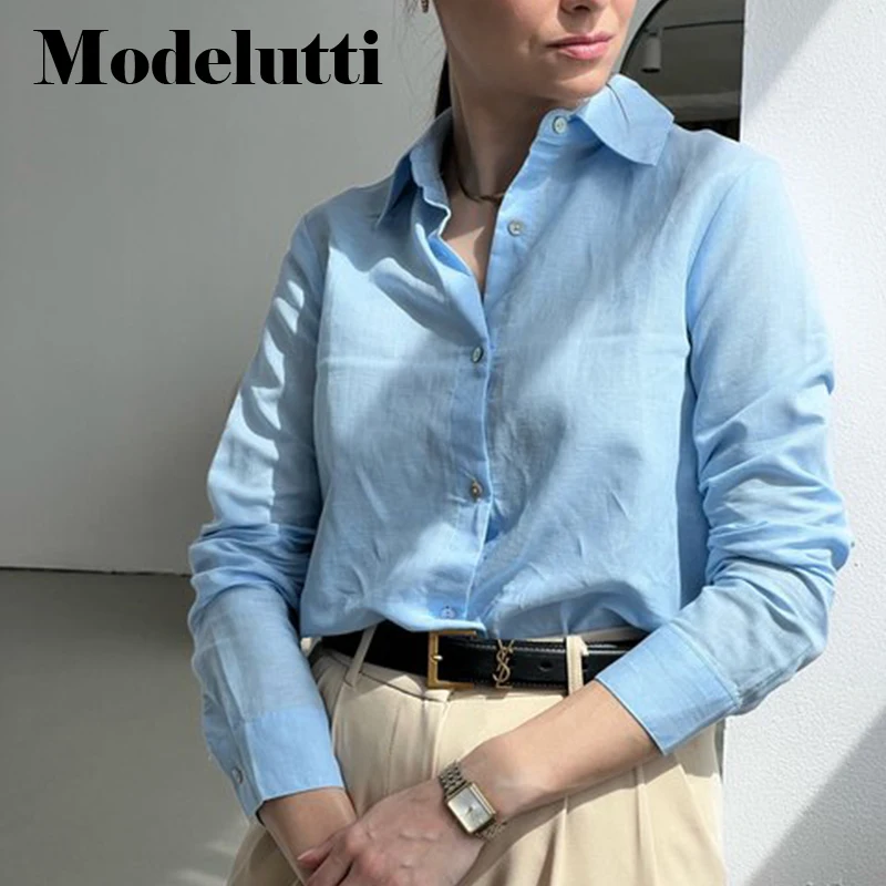 Modelutti 2022 New Spring Autumn Women Fashion Long Sleeves Casual Linen Shirt Ladies Blouses Solid Color Simple Tops Female