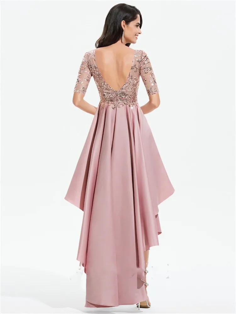 

A-Line Evening Gown Minimalist Dress Party Wear Floor Length Half Sleeve Jewel Neck Satin with Pleats Bespoke Occasion Dresses