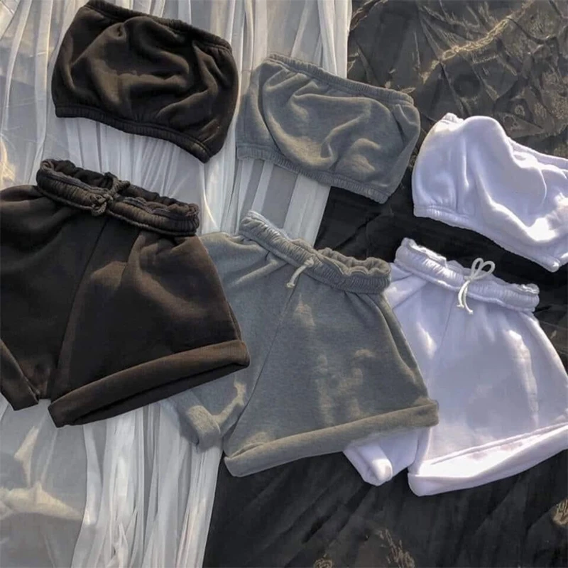 

Women Summer 2 Pieces Romper Outfits Strapless Bandeau Tube Crop Top Drawstring Waist Shorts Set Solid Color Tracksuit