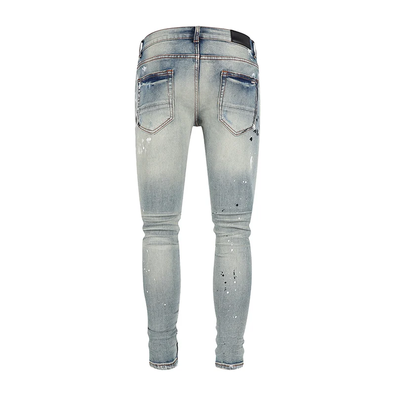 High Street Fashion Men Jeans Retro Blue Elastic Stretch Skinny Fit Ripped Jeans Men Painted Designer Hip Hop Brand Pants Hombre