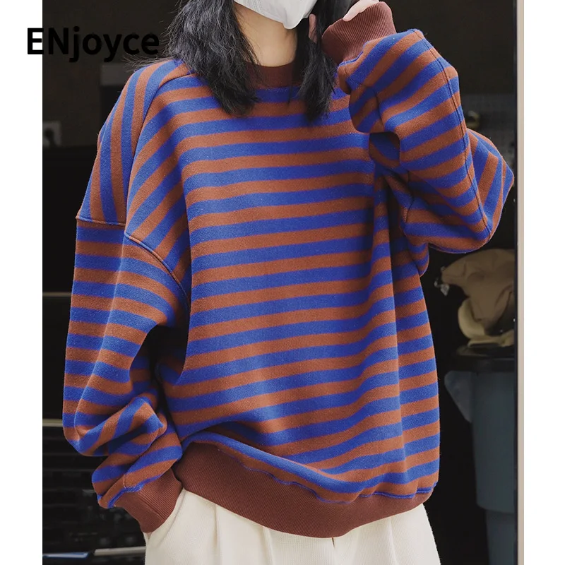 2022 Winter Women Fashion Contrast Striped Plush Sweatshirt Casual Oversized Pullover Sports Wide Shoulder Tops