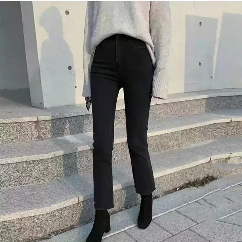 

Черные Микро-расклешенные джинсы jumстебля, женские осенне-зимние брюки с высокой талией, черные бархатные широкие брюки с разрезом для женщ...