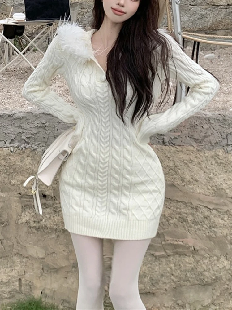 

Однотонное облегающее платье с капюшоном в Корейском стиле Y2k, весна 2023, элегантное облегающее платье-мини из искусственного меха, Трикотаж...