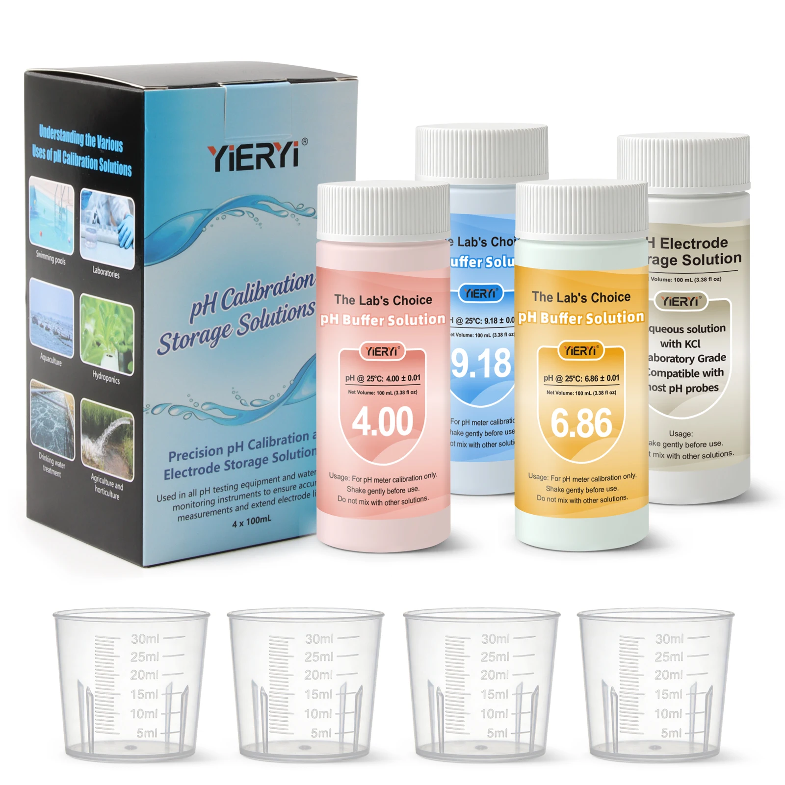 

Комплект из 4 растворов для калибровки pH Yieryi (4,00/6,86/9,18/KCL), 100 мл, решение для калибровки pH-метра лабораторного уровня и хранения электродов