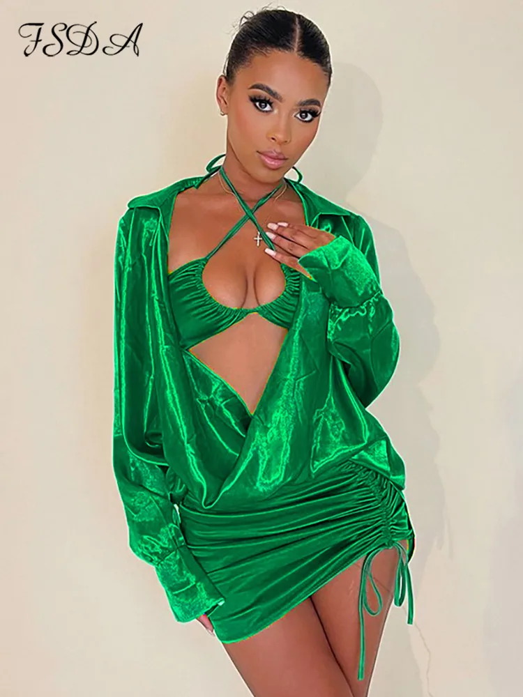

Сексуальное летнее атласное мини-платье FSDA Y2K с длинным рукавом, женское платье 2022 с топом, ажурные зеленые и коричневые Клубные пляжные пла...