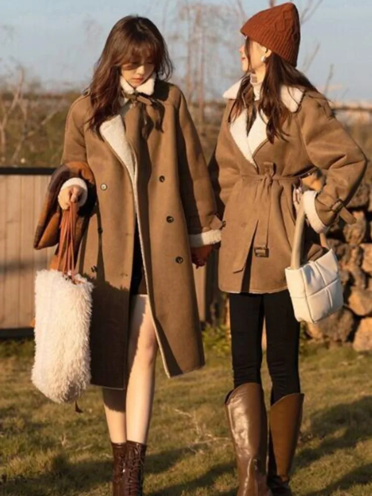 

Женское зимнее теплое длинное шерстяное пальто с натуральным овечьим мехом 100, женское толстое пальто с овчиной, повседневное свободное короткое пальто большого размера