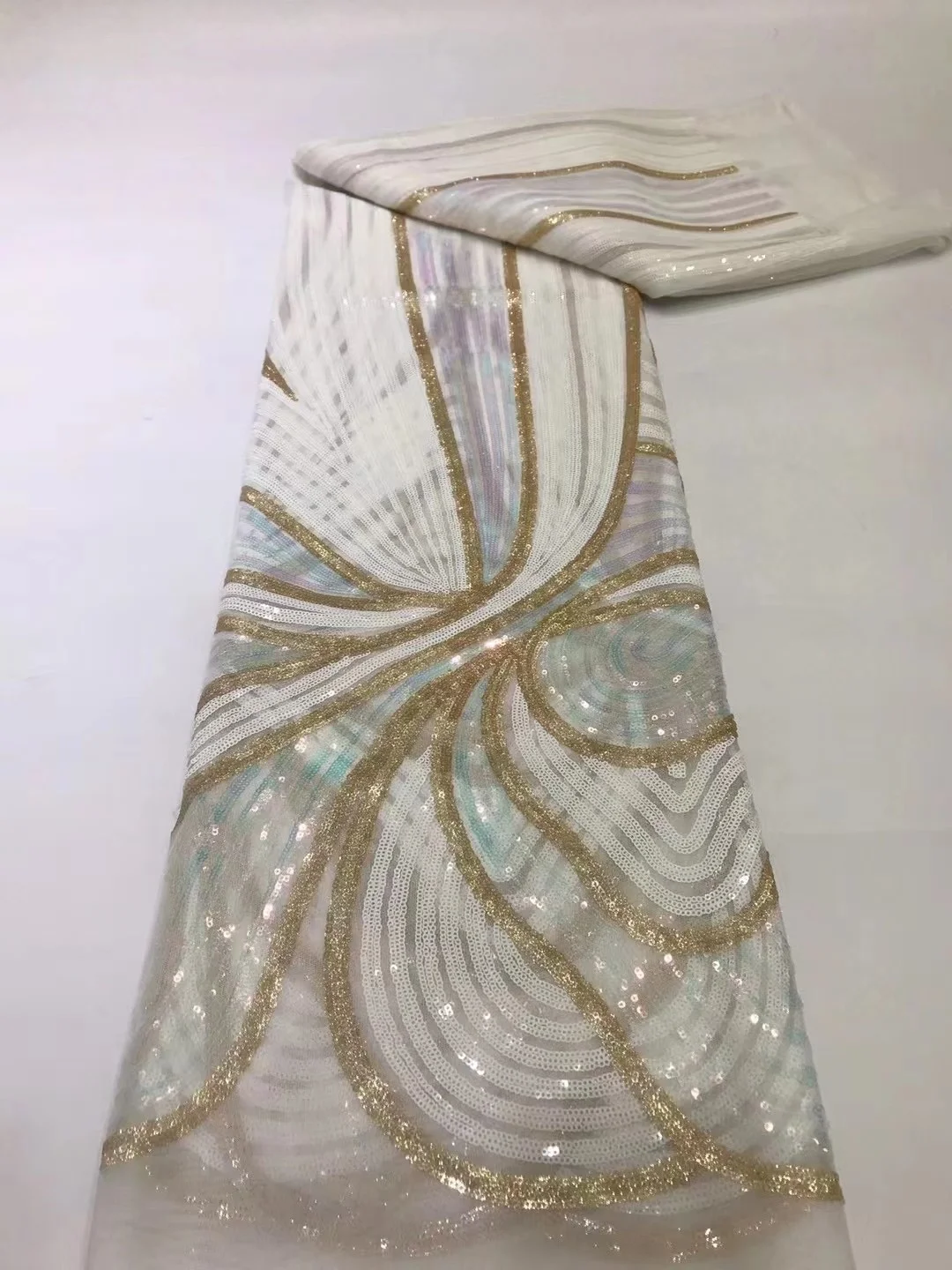 

White Fashion African Lace Fabric 5 Yards High Quality Embroidery French Tulle Lace Sequins Nigerian Party Lace Material