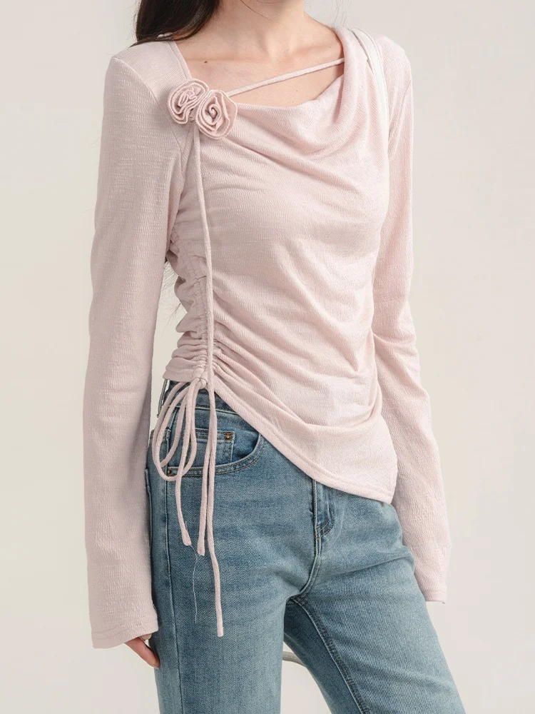 Loveheynew Sweet Gyaru Swing Pleat Flowers Long sleeves Shirt Women Early Autumn Irregular Slim fit Slimming Top