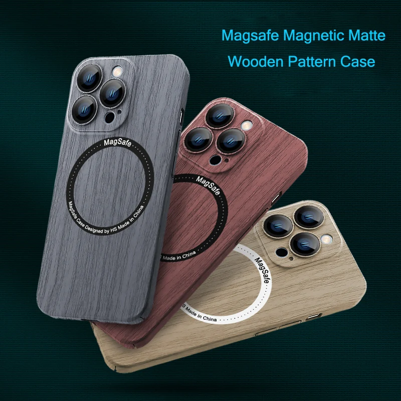 For Magsafe Magnetic Matte Wooden Wireless Charging Case On For iPhone 13 12 Pro Max 13Pro Camera Protection Cover Capa Funda