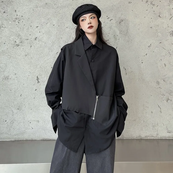 

SuperAen 2022 Patchwork Vest Full Shirt Streetwear Loose Two Piece Turn Down Collar Women’s Tops