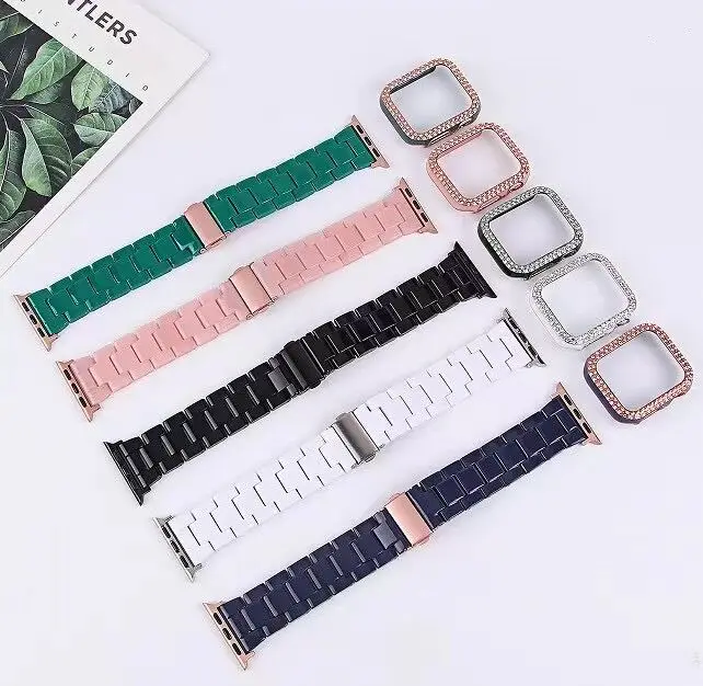 Bracelet+ Diamond Case for Apple Watch Band 40mm 44mm 38mm 42mm Resin Strap with Case + Metal Clasp for iWatch Series SE 6 5 4 3