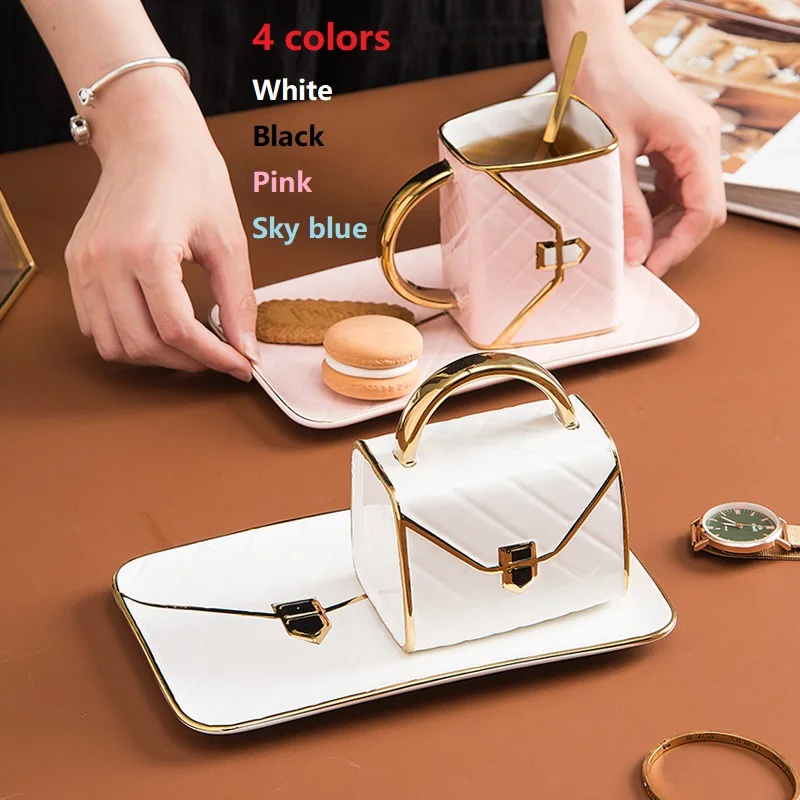 

310ml Drawing Gold Coffee Cup and Saucer Set Creative Bag Shape Snack Ceramic Saucer Business Gift Gift