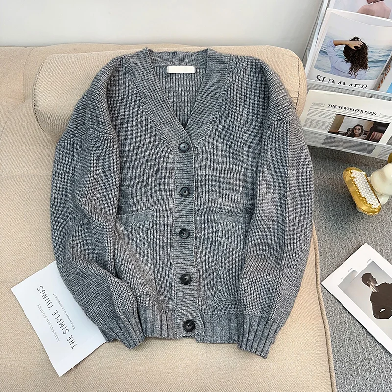 

American Retro Gray Striped Solid Women Sweater Knitwear V-neck Single Breasted Ladies Cardigan Sweater Casual Warm Knitwear