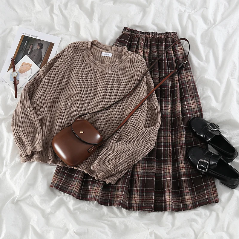 

Knitted Long Sleeve Solid Color Loose Sweater Or Plaid Harajuku A-line Skirt Fashion Casual Vintage All-match Retro Clothing