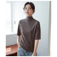 spring autumn half high collar t shirt for women chic half sleeve t shirt lady solid color basic tee top