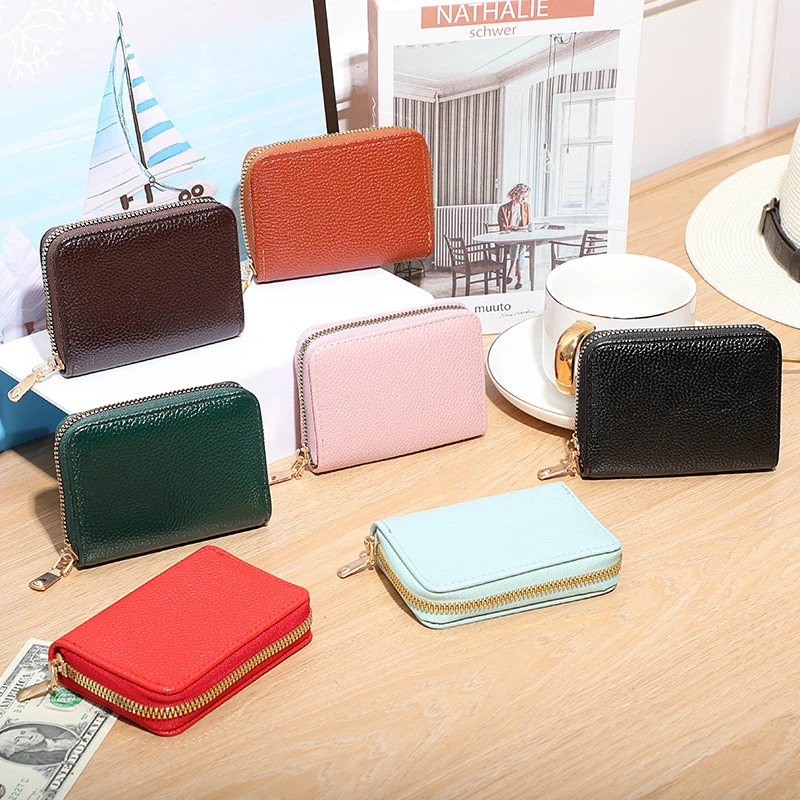 

1pc PU Leather Card Holder Simplicity Credit Card Holder Zipper Business Card Pocket Unisex Card Case Lychee Pattern Wallet