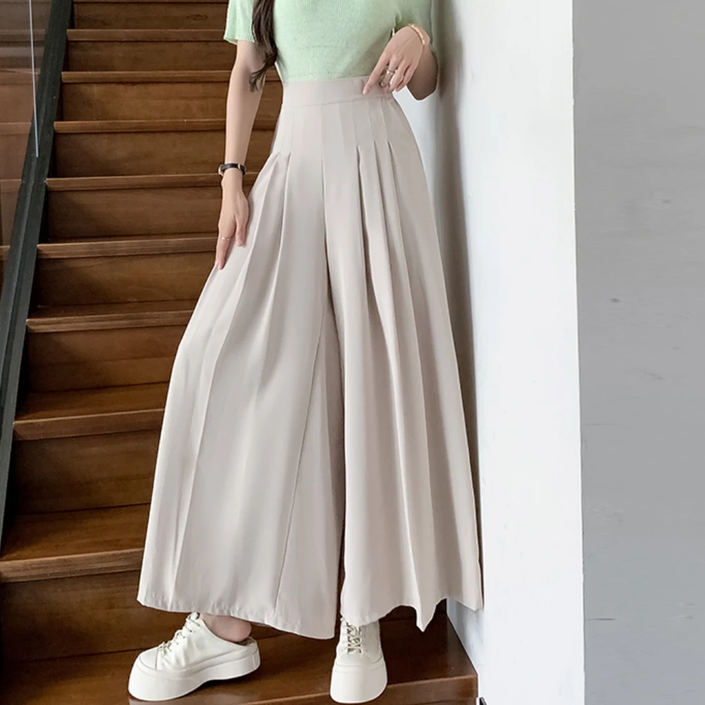 

Women Loose Pleated Wide Leg Pants Casual High Elastic Waist Summer Chiffon Pants Elegant Dance Skirt Pants