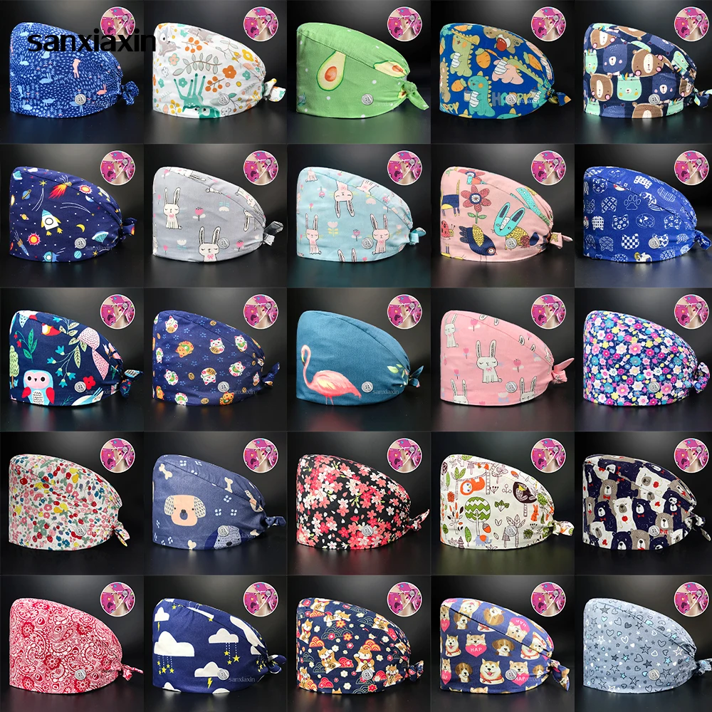 

Scrub Cap Nurse Scrub Hat Floral Cartoon Print Bouffant Sanitary Cap with Sweatband Doctor Nursing Caps Medical Scrub Head Cap