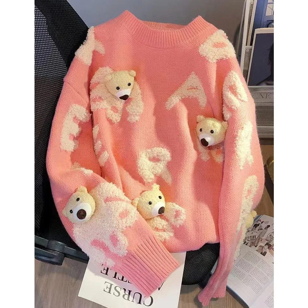 Осень-зима новая мода свитер с милым медведем женские повседневные свободные