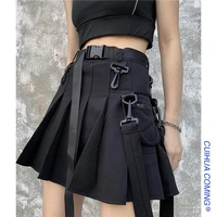 mini skirt goth pleated skirts women summer punk y2k black faldas high waist korean fashion utility style chain pleated skirt