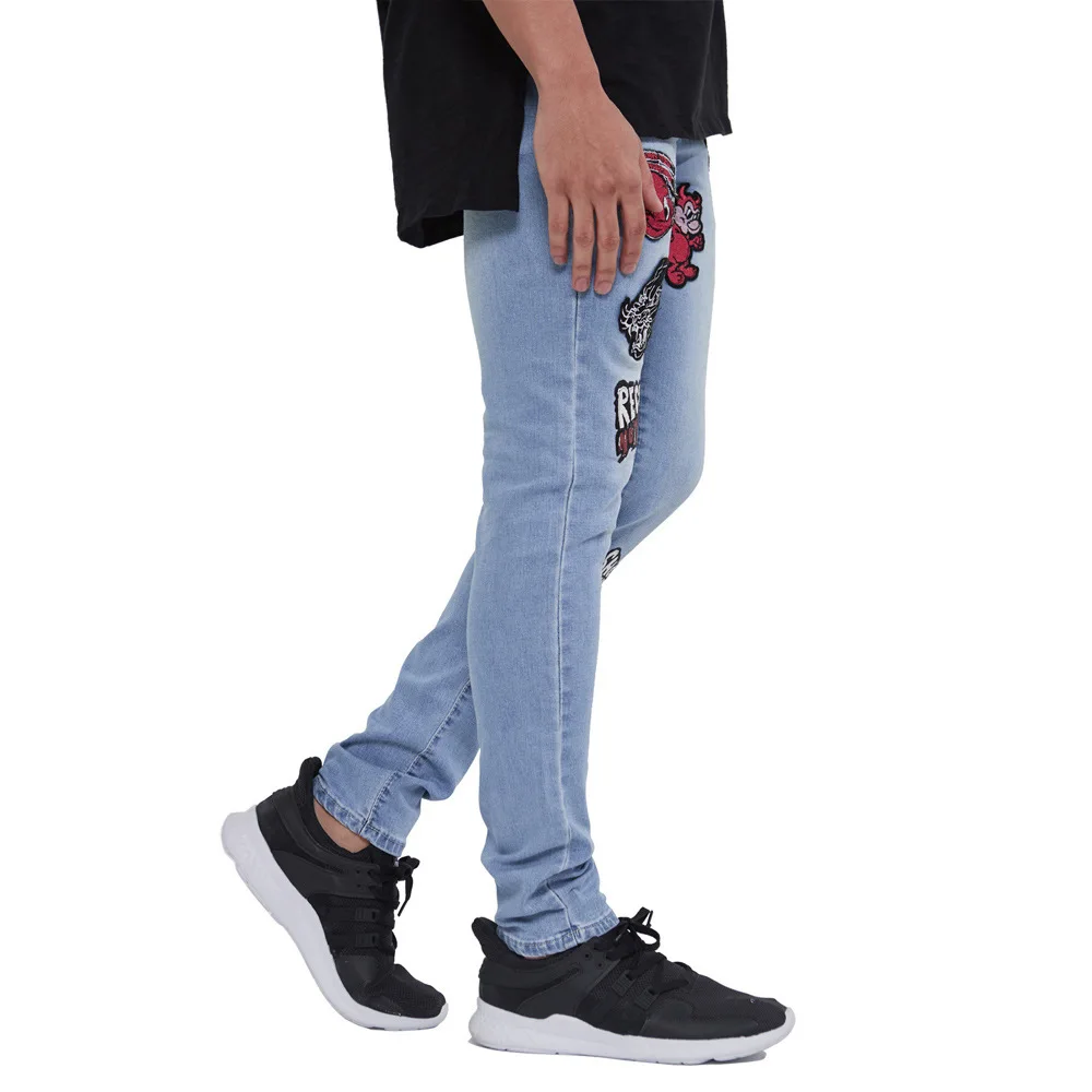 Fashion High Street Wear Y2K Embroidered Patch Stretch Slim Fit Plus Size Pants Men's Cotton Trousers Pencil Jeans For Men