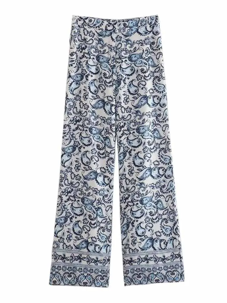 

Women 2023 New Fashion Linen printed Casual straight Pants Vintage High Waist Side Pockets Zipper Female Trousers Mujer 3453/624