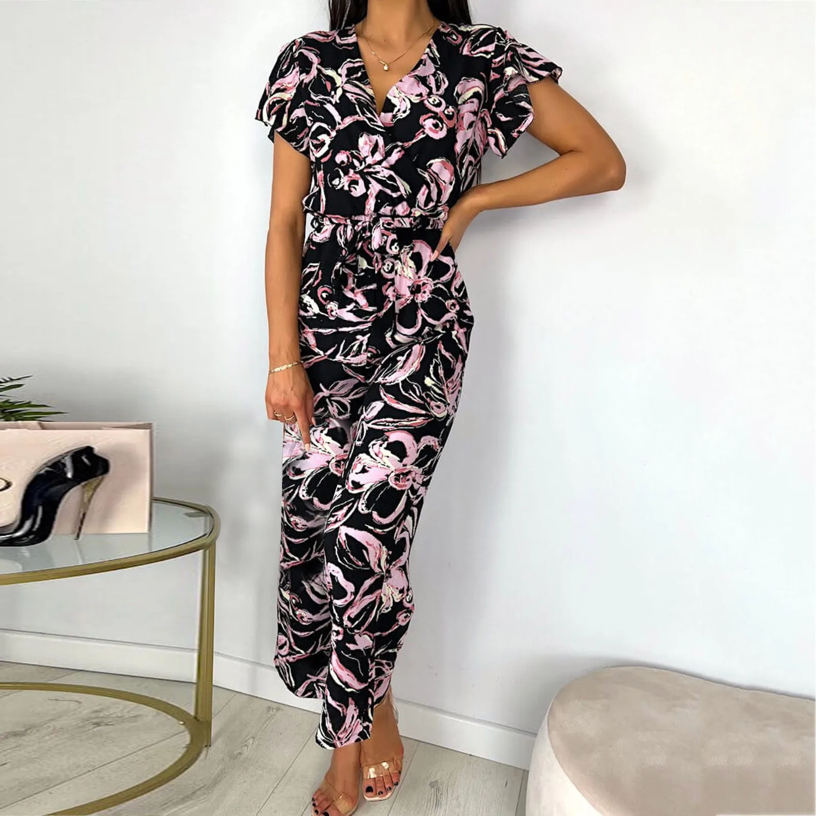 

Women Summer Short Sleeve V Neck Buttons Waist Belt Straight Wide Leg Cropped Jumpsuits Rompers With Pockets Combinaison Femme