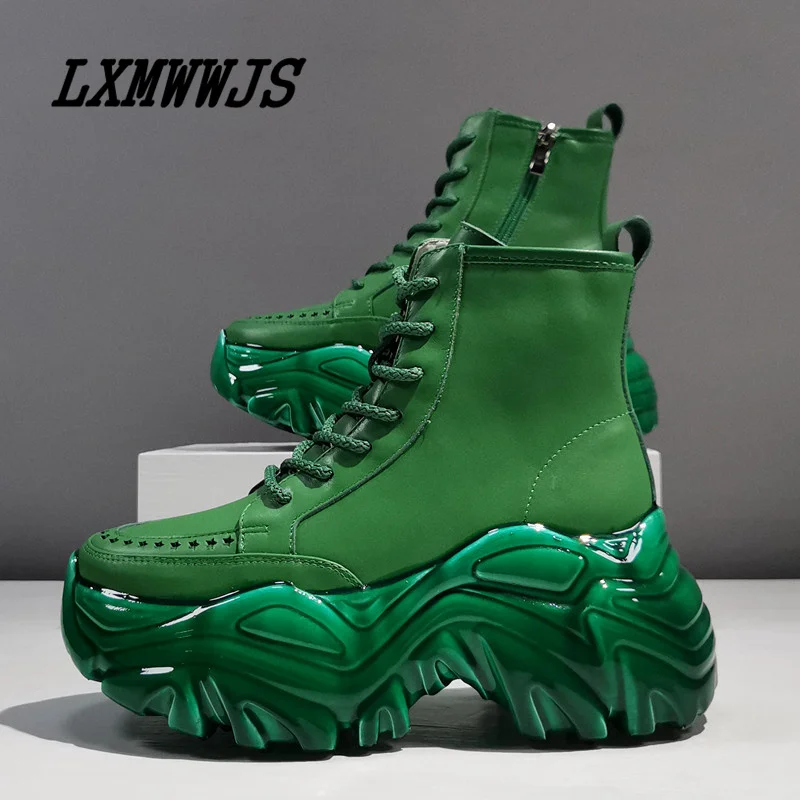 

Women Boots Genuine Leather Solid Color Thick Bottom Lace-Up Ankle Boots Zipper-Sid Platform Height Increasing Cool Women Shoes