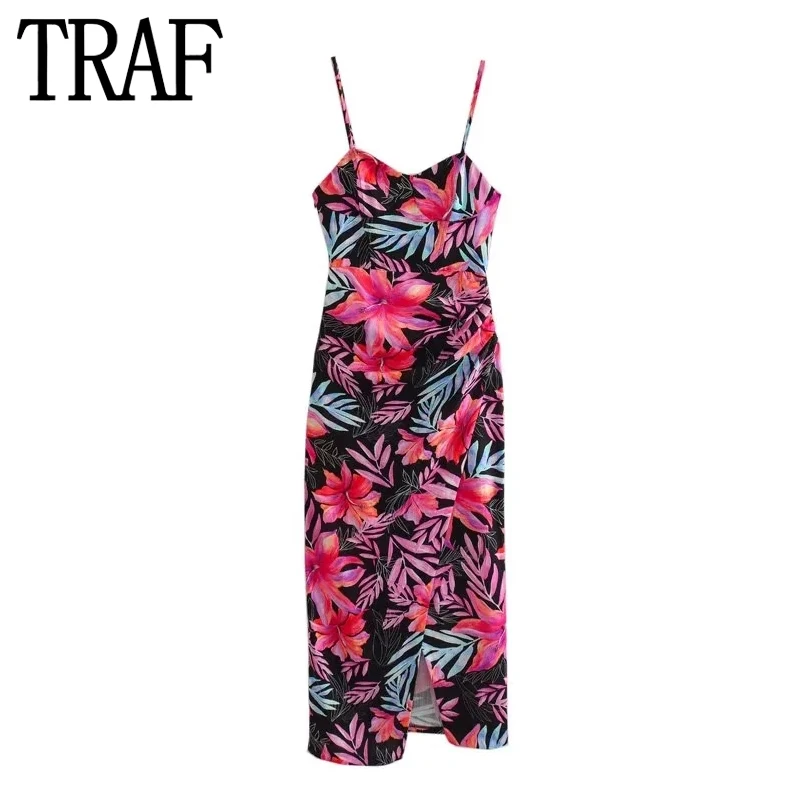 

TRAF 2023 Tropical Print Corset Dress Woman Summer Slip Long Dress Women Ruched Backless Sexy Beach Dresses Holiday Party Dresse