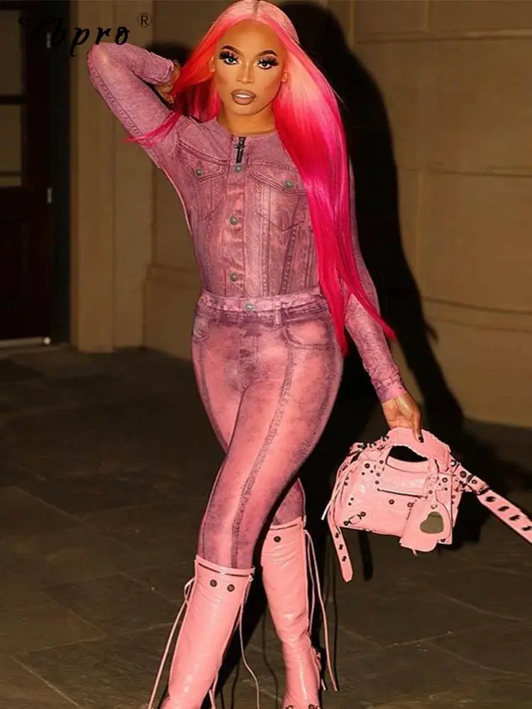 

Женские джинсовые леггинсы с принтом, комплект из двух предметов, топ с круглым вырезом и длинным рукавом, узкие брюки-карандаш, костюм, Весна 2023, блузка, наряды