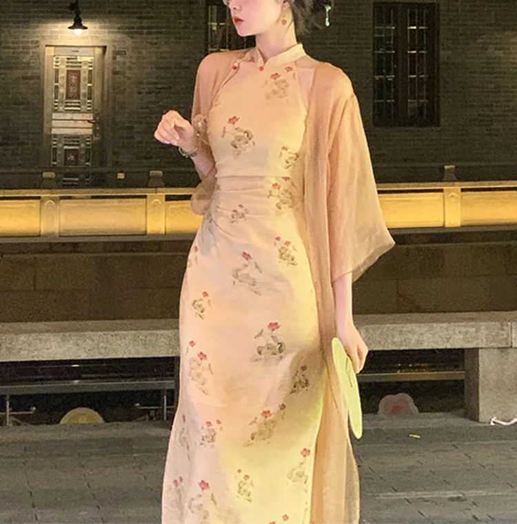 

Literary Retro New Chinese Cardigan Suit Improved Cheongsam Dress Waist Slimming Design Sense Skirt Ladies