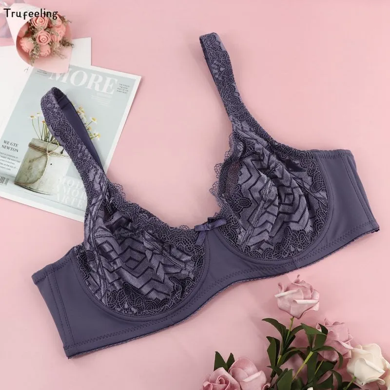 SoftRhyme Women Ultra Thin Geometric Pattern Lace Underwired Bralette Plus Size Brassiere Unlined Push Up C Cup 40 42 44 46