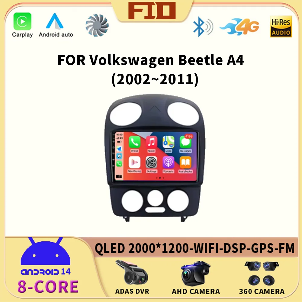 Android 14 Auto Carplay для Volkswagen Beetle A4 2002-2011 Автомобильный радиоприемник Стерео Bluetooth