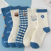 cute bear plaid socks for women girls fashion student cotton spring summer socks kawaii socks japanese korean gifts