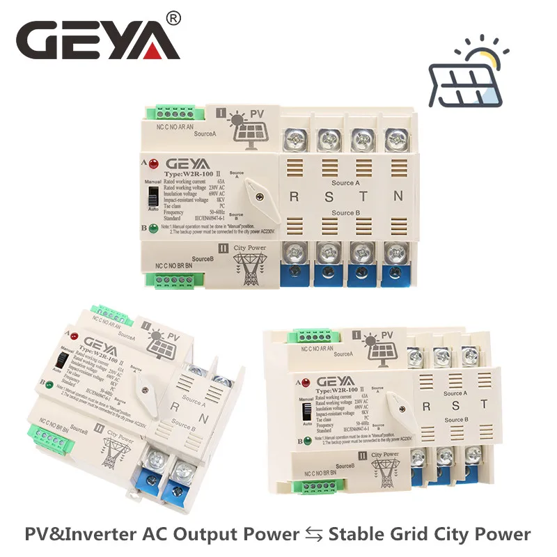 

GEYA on-Grid Solar Dual Power Automatic Transfer Switch 2P 3P 4P 63A 100A 110V 220V ATS PV System to City Power NO Interrupt
