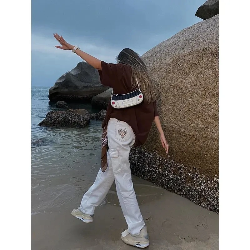 

High Street Hip Hop Rock Embroidery Women Jeans New American Trend Y2K White High Waist Cargo Wide Leg Pants Casual Losse Pants