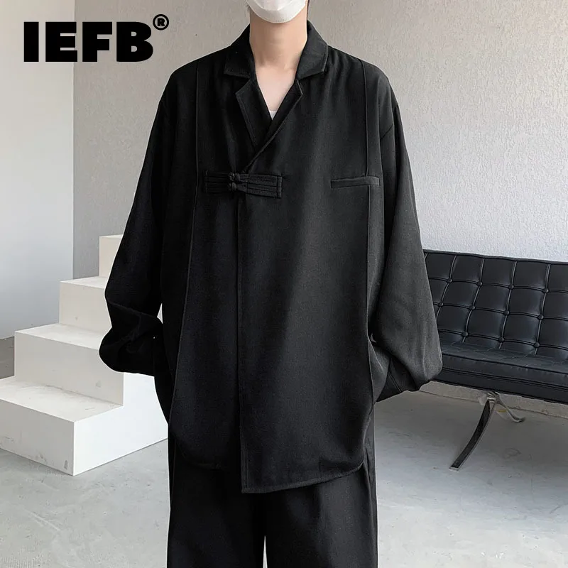 

IEFB Chinese Style New Fashion Slanted Placket Long Sleeve Men's Shirt Solid Color 2023 Spring Niche Design Male Shirts 9A7497