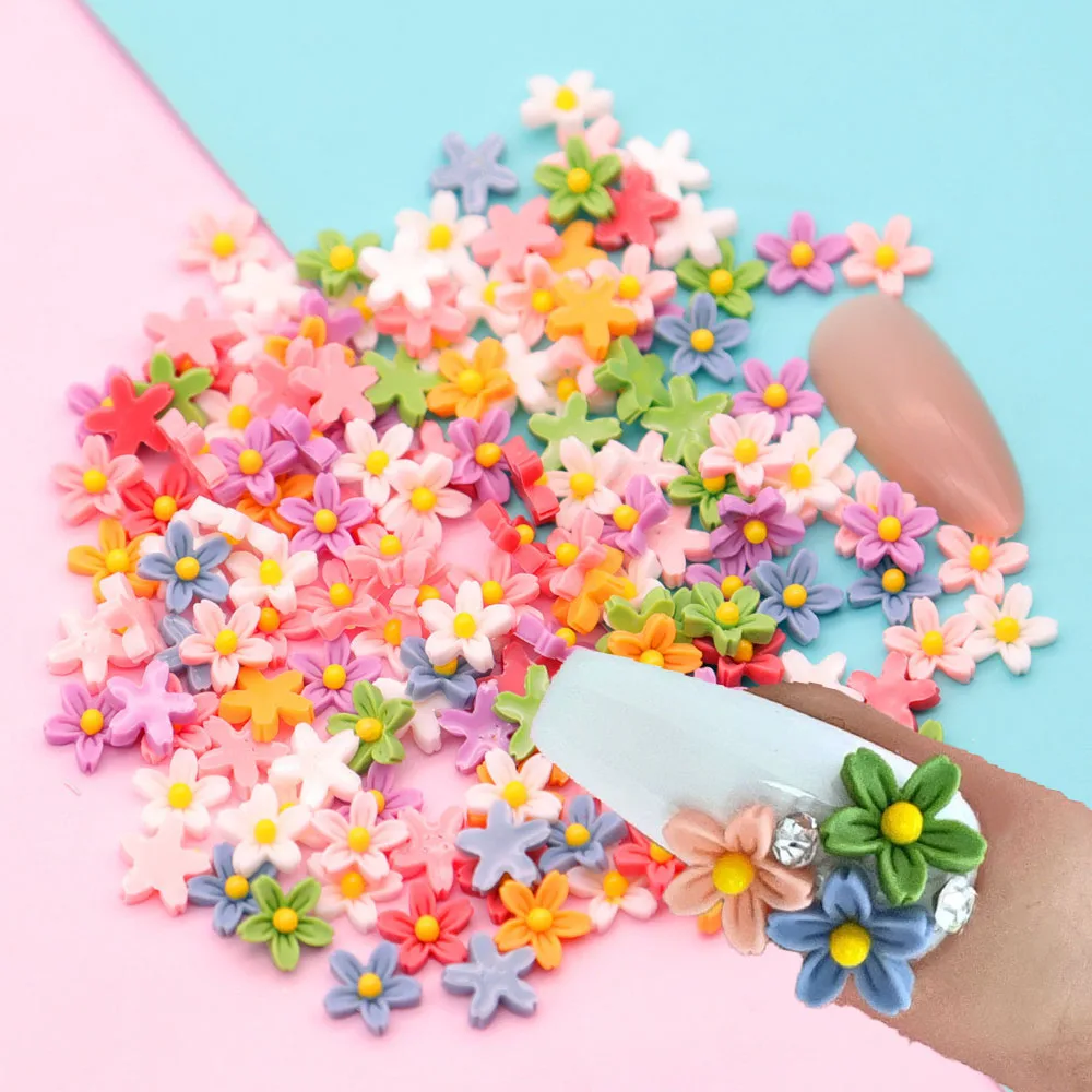 

100Pcs Small Flower Nail Art Charms 7-8mm Decoration Acrylic Resin Nails Jewelry Parts 3D Rose/5 Petails Flowers Kawaii Flower