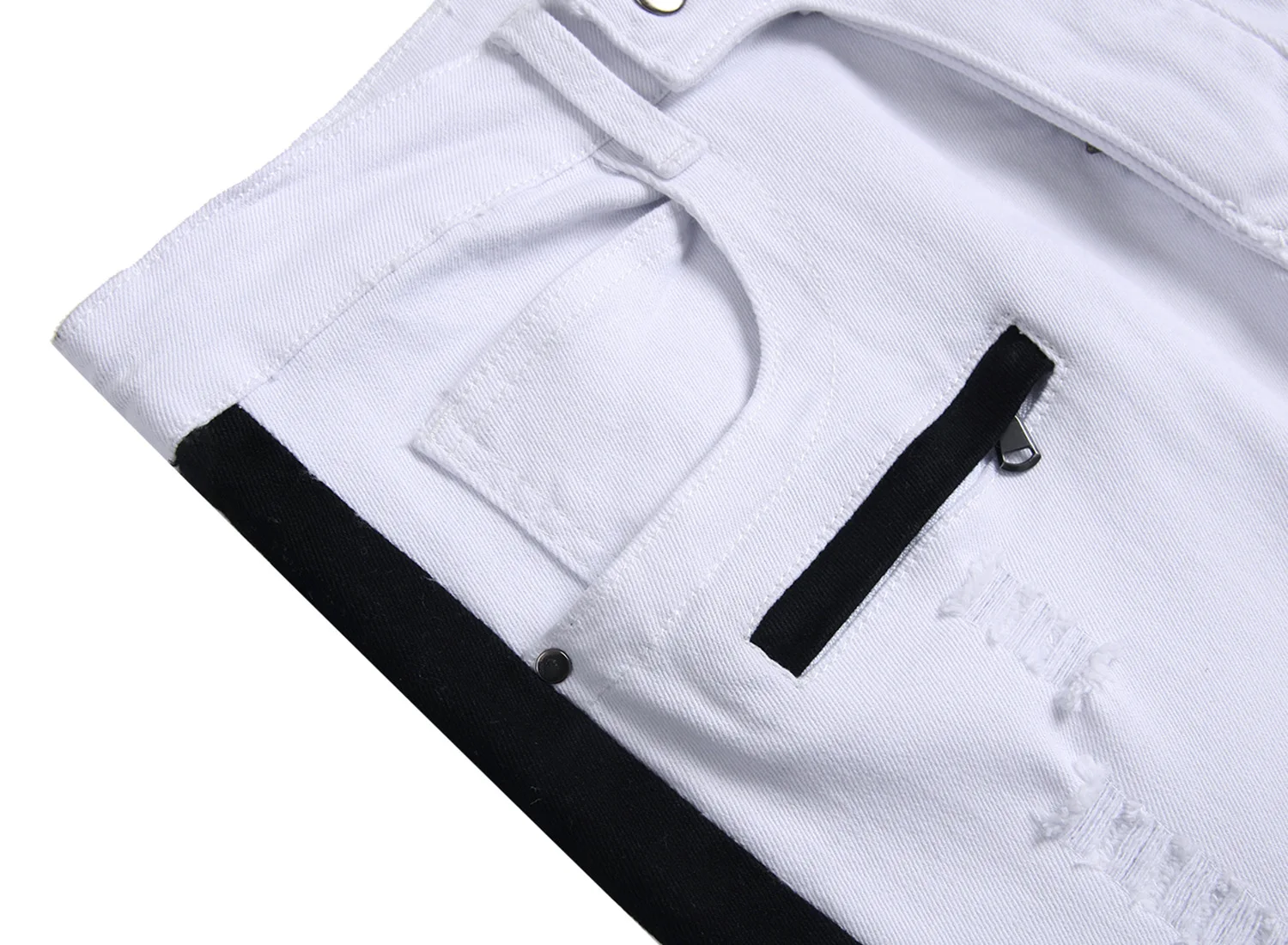 High Quality White Zip Jeans for Men Patchwork Stretch Ripped Denim Pants Men's Stripe Casual Jeans Trousers