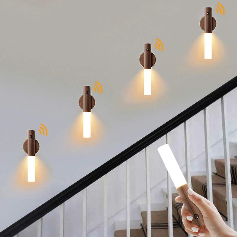 

LED PIR Human Motion Sensor Wall Lamp USB Wood Stick Move Night Light Magnetic Corridor Cabinet Wardrobe Light Home Decor Light