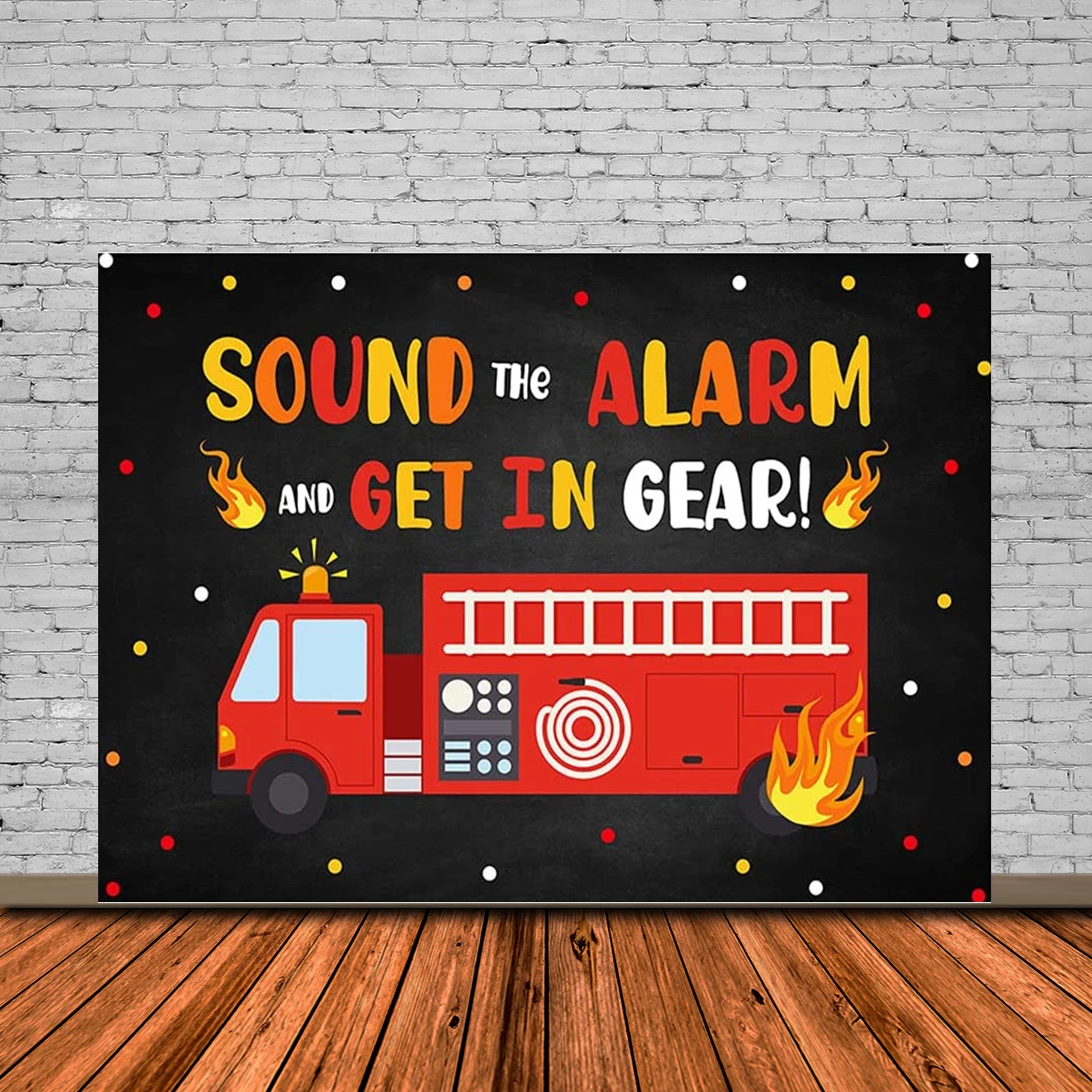 

Firetruck Birthday Decorations for Boys Firefighter Backdrop Sound The Alarm and Get In Gear Party Decorations Red Firetruck