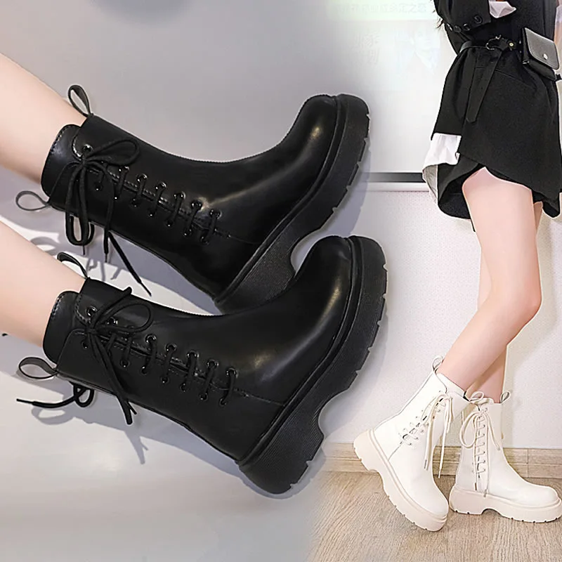 Ladies Flat Boots Winter Shoes-Ladies Autumn Shoes Round Toe Luxury Designer Low-cut Mid-calf Lace-up Women's Boots Black Boots