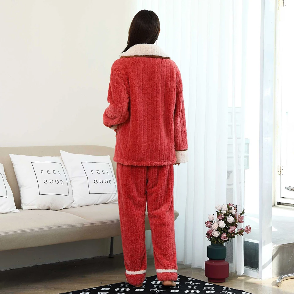 Ladies Pajama Sets Solid  Color Style Nightgown Thicken Autumn And Winter Keep Warm Hoodie Pocket Elastic Waist Design