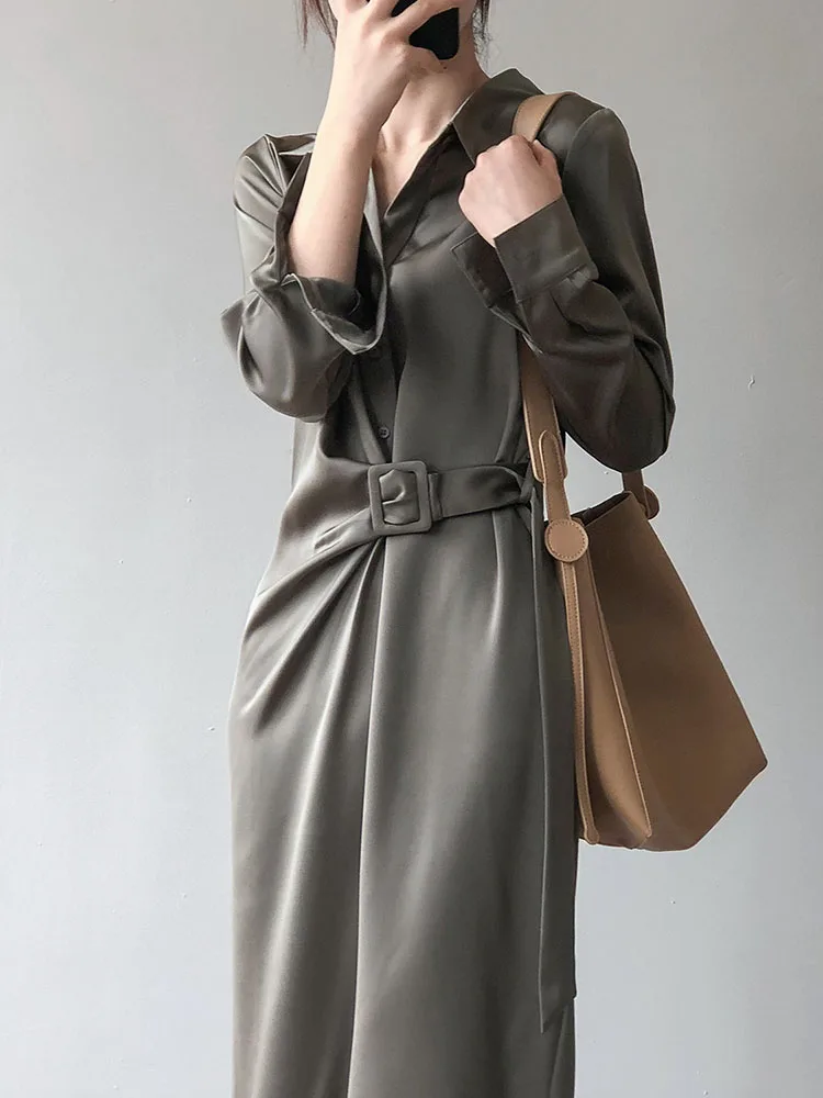 

Women 2022 spring new Korean fashionable version satin shirt design fairy mature temperament long dress vestidos female D0763