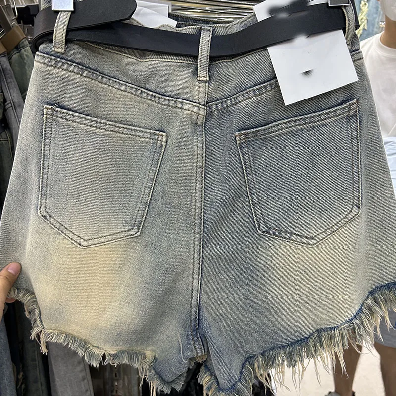Women's High Waist Slimming Letters Denim Shorts 2023 Summer Design Sense Niche Ripped Frayed Hem All-Matching Short Booty Pants
