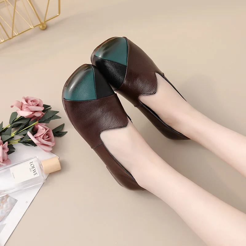 Vintage Patches Ballet Flats Women's Cowhide Leather Loafers Ladies Slip On Shoes Woman Chic Dressy Flat Shoes Female Moccasins