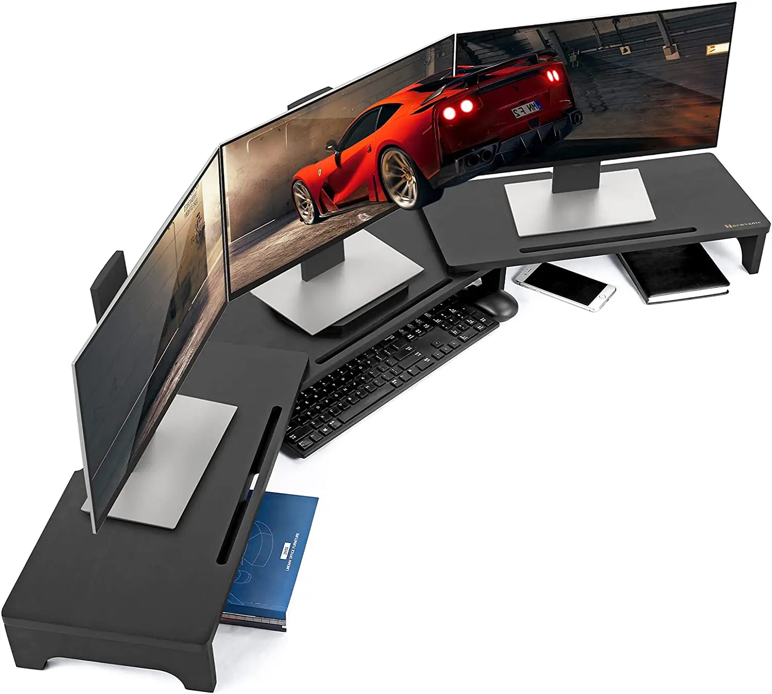 

Monitor Stand Riser, 60 inch Large Bamboo Dual Monitor Stand Desk, 3 Shelves Desktop Screen Riser with Adjustable Length Angle