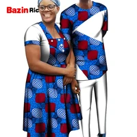 summer african couple clothing plus size party wear women cover knee pleated dress and men t shirt patch trouser pant set wyq788