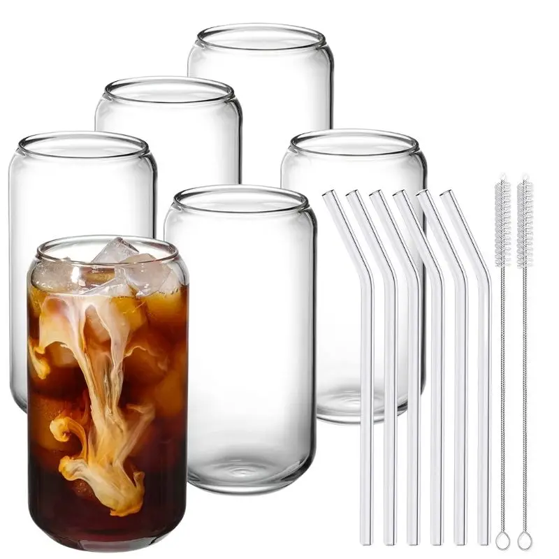 

6pcs 550ML Transparent Glass Cup With Straw Iced Coffee Cup Milk Mocha Drinking Cups Drinkware Juice Beer Mug DIY Handmade Can